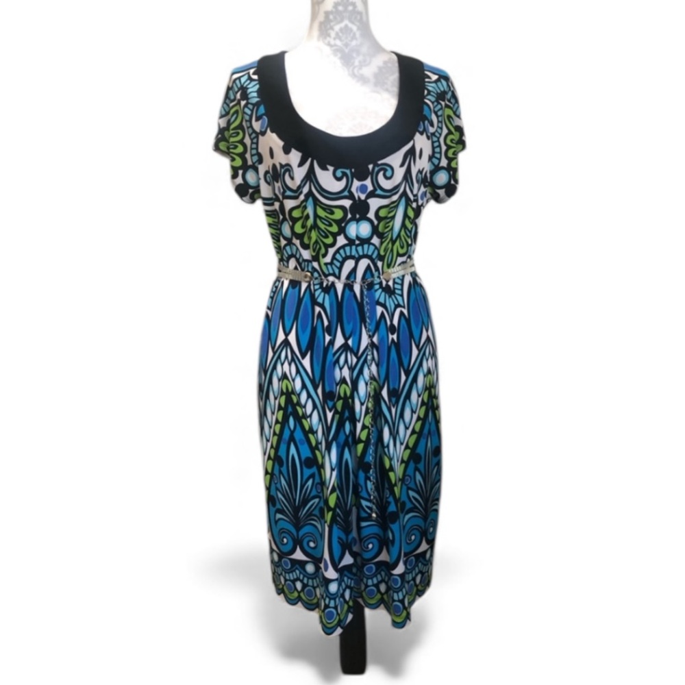 Vintage Print Short Sleeve Boho Scoop Neck Dress Women’s Size Large EUC